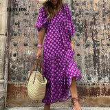 Summer Women New Fashion Casual Patchwork Printed Puff Sleeves Long Dress Elegant Slim V Neck Streetwear Elegant