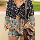 Bohemian Floral Printed Chemise Fashion Loose Casual Beach Holiday Tops 2022 ZANZEA Autumn Women Full Sleeve Blouse V-Neck