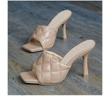 NEW Sexy PU Diamond Square Head Peep Toe High Heel Sandals Summer Fashion Slip On Thin Heels Slides Women Mules