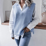 2021 New Fashion Women V Neck Print Knitted Vest Sweater Casual Sleeveless Loose Pullover Elegant Warm Lady Sweater