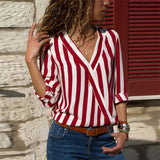 Women Striped Blouse Shirt Long Sleeve V-neck Shirts Casual Tops Blouse et Chemisier Femme Blusas Mujer de Moda