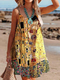 Spring O Neck Loose Sling Beach Dress Sexy Off Shoulder Hollow Boho Dress Women Retro Pattern Print Patchwork Summer Mini