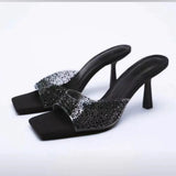 Breakj Large Size High With Slippers Female Spring And Summer New Pure Color Square Head Diamond Type Fine With