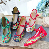 Breakj Dragon] Retro Embroidery Dragon Grain Shallow Mouth Plate Buckle Low Heel Canvas Embroidered Cloth Shoes Women's Single