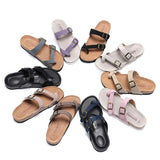 Women's Genuine Leather Mule Clogs Slippers High Quality Soft Cork Three Buckles Slides Footwear For Women