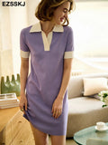 women slim bodycon summer dress polo knit dress straight dress purple