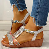 Breakj New Gladiator Wedge Heels Elastic Band Crystals Summer Women Shoes Woman Sandals Leisure Beach Sandals Large Size