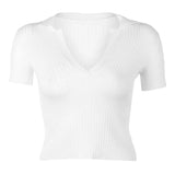 Casual Knitted Crop T Shirt Women Short Sleeve Woman Tshirt Tops Tees Korean Fashion Turn-down Collar T-shirt