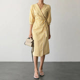 Vintage Check Dress Women's Summer Sundress ZANZEA 2022 Casual V Neck Robe Female Short Sleeve Mid-Calf