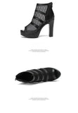 2022 Peep Toe Sandal Boots Mesh Summer Heels Women's High Heeled Platform Shoes Hollow Out Square Heel Back Zip