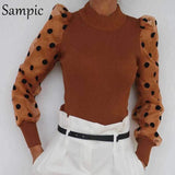 Woman Turtleneck Slim Polka Dot Puff Long Sleeve Blouses Shirts Thin Casual Mesh Shirts Tops Autumn