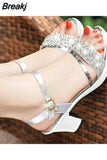 Open Toe Women Chunky Heels Shoes Women's Sandals Gold Silver Female Fashion Buckle Rhinestone Fish Mouth Womens