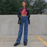 Casual Argyle Woman Jeans Straight High Waist Pants Capris Froll Plaid Fashion Long Denim Trousers