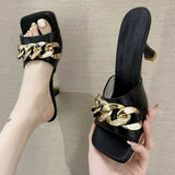 Chain Design Women Heels Summer Sexy Open Toe Solid Color Sandals Stiletto 2021 Square Head Luxury Prom Woman