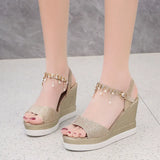 New Women Wedge Sandals Summer Bead Studded Detail Platform Sandals Buckle Strap Peep Toe Thick Bottom Casual Shoes