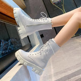 Women's Martens Boots PU Leather White Ankle Boots Autumn Winter Motorcycle Boots Fashion Female Chunky Heel Platform