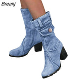 jeans boots Women's Mid-rise Rome Solid Slip-On Chunky Med Heels Boots wild vintage Large Size Ladies