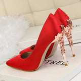 Women Pumps Pointed Toe Satin Office Lady Shoes Summer High Heels Woman Wedding Bridal Shoes Metal Ladies