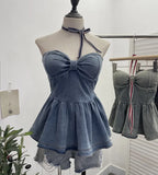Real Shot With Chest Cushion Denim Sling Vest With Bow Hanging Neck Short Twiping Boat Blouse Woman