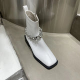 Women's Martin Boots Fall Casual Thick Bottom Spuare Toe Women Short Boots Black Chain Short Tube Knight Boots Single