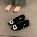 Breakj Plus Plus Gray Mary Jane Hairy Shoes Women's Shoes 2025 Autumn And Winter Temperament High Heel Square Drill Single