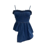 Real Shoot Hottie Vintage Cowboy Sling Vest Irregular Wood Ear Short-Term Waist Sleeveless Top