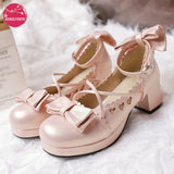 Women Mary Janes Pumps Cute Bowtie Princess Lolita Shoes High Heel Bowknot Dress Shoes For Girls School Gold Party Wedding