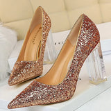 Shoes Transparent Heels Women Pumps Sequins Wedding Shoes Square Heels Women Shoes Crystal Heel Sexy Heeled Shoes