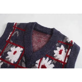 Chic Floral Print Plaid Sleeveless Sweater Women Fashion V-Neck Vest Tops Female Casual