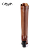 Spring Women Winter Knee High Boots Lacing Black Female Genuine Leather Boots Ladies Square High Heels Rubber Sole