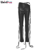 Puss Women Faux Leather Pants Skinny Sling High Waist Pencil Pants Asymmetry Solid Chic Tight Trouser Fall 2021