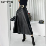 Chic High Waist Sashes Belted Women PU Leather Skirts Autumn Winter Stylish Loose Midi Female Faux PU Skirts