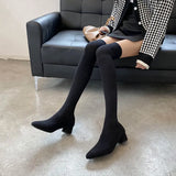 Breakj Stockings Boots Pointed Thin Boots Women Long Tube Knitting Wool Elastic Socks Boots Thick Heel High Heels Over The Knee Boots
