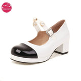 Lolita Shoes Spring Women Patent Leather Round Toe Heeled Fashion Black White Patchwork Retro Pearl Buckle Strap Platform