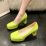 Size Square Head High Heels Fashion Waterproof Platform Women's Fashion Cover Foot Bright Skin Thick Heel Work Single