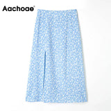 Summer Women Floral Printed Sweet Skirts Female A Line Split Beach Skirt High Waist Back Zipper Boho Midi