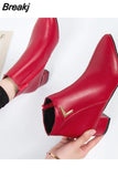 Women Boots Casual Leather Low High Heels Spring Shoes Woman Pointed Toe Rubber Ankle Boots Black Red Zapatos