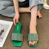 Breakj Size Rhinestone Flat Bottom Slippers Woman's Head Korean Version Fashion One Word Household Cool Drag