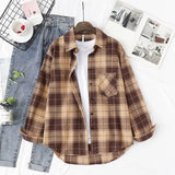 New Loose Design Cotton Plaid Shirt Women Young Style Long Sleeve Blouses Casual Shirts Lady Tops Clothes
