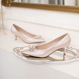 Bridal Wedding Shoes Woman 5cm High Heels Crystal Buckle Pumps Ladies Traf Loafers Zapatos Mujer Big Size 34-43