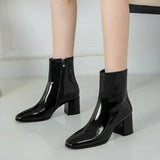 Dropshipping Autumn Women Fashion Square High Heels Zapatos De Mujer White Patent Leather Shoes Ankle Boots Black Woman