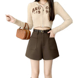 Coffee Color Woolen Shorts Female Autumn Winter 2024 New High Waist Show Thin A-Word Wide Leg Pants Versatile Wear Boots