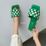 New Woman Flats Slippers Fashion Weave Grid Open Toe Shoes Designer Outdoor Bohemian Female Slides Shoes Sandals Women