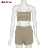 Puss 2021 Cotton Tracksuit Women Sporty Casual Strapless Top+Biker Shorts Matching Set Summer Trend Streetwear Slim