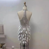 High-Dant Shiny Shiny Feather Dress With Empty Hanging Neck Dress Light And Hot Party Dinner