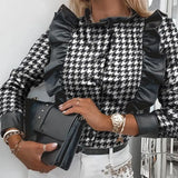 Black Plaid Print Autumn Winter Women Blouses Casual Cardigan Ruffled Collar PU Leather Shirt Elegant Slim Office