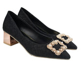 2022 Womens Pumps Bling Bling Pointed Toe Square Heel High Heels Rhinestone Decoration Buckle Party Shoes Zapatos Rojos