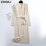 Winter Knit Long Dress Women Casual V Neck Slim Bodycon Sweater Dresses Office Lady THICK Button Dress With
