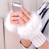 Half Finger Woolen Winter Gloves Women Knitted Warm Mittens Long Imitation Rabbit Hair Lovely Fur