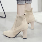 Women Boots Knitted Elastic Short Boots Flock Pointed Fashion Winter Booties Woman Slip on High Heels Women Ankle